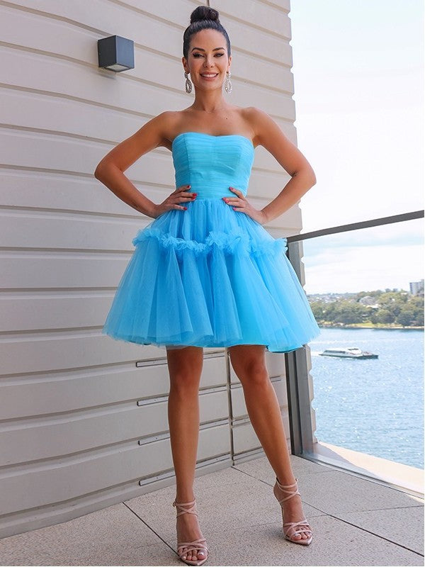 Ruffles Strapless Tulle A-Line/Princess Sleeveless Short/Mini Homecoming Dresses