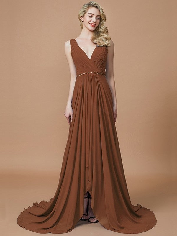 A-Line/Princess Chiffon Sweep/Brush Sleeveless V-neck Train Bridesmaid Dresses