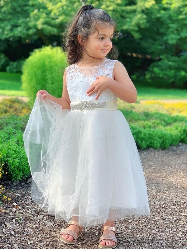 Scoop Tulle Tea-Length Sleeveless A-Line/Princess Lace Flower Girl Dresses