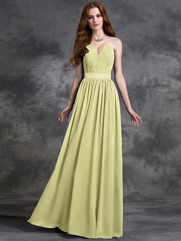 Ruched A-line/Princess Sleeveless Sweetheart Long Chiffon Bridesmaid Dresses