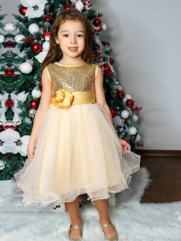 Organza A-Line/Princess Sleeveless Tea-Length Scoop Sequin Flower Girl Dresses