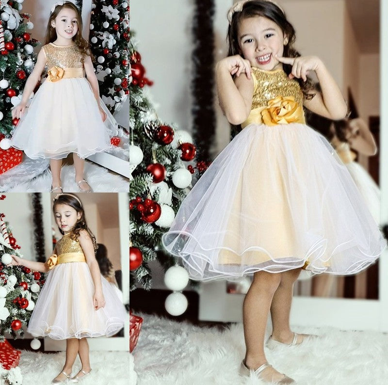 Organza A-Line/Princess Sleeveless Tea-Length Scoop Sequin Flower Girl Dresses