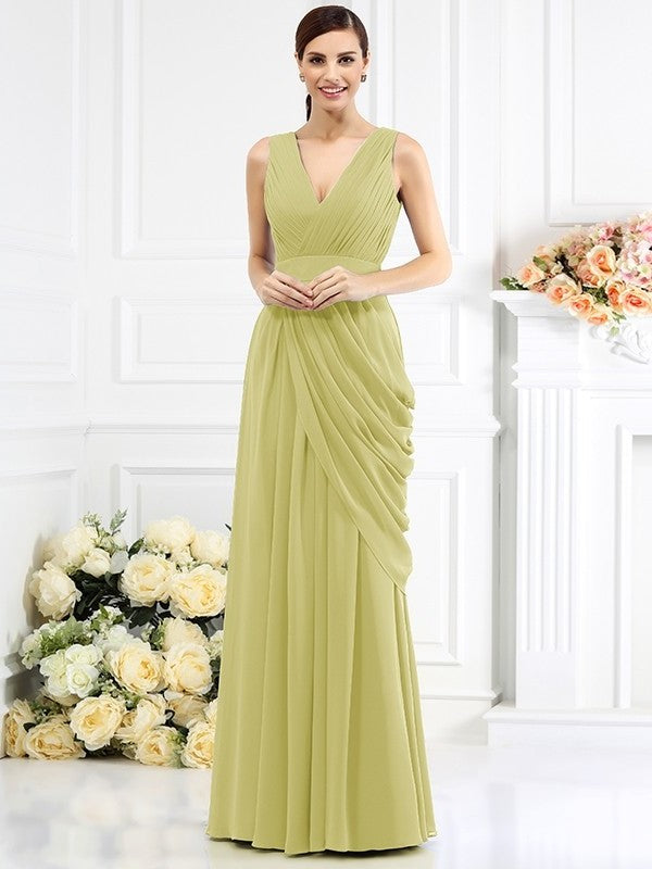 A-Line/Princess Long Pleats Sleeveless V-neck Chiffon Bridesmaid Dresses