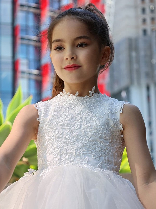 Knee-Length Tulle Lace Sleeveless Neck A-Line/Princess High Flower Girl Dresses