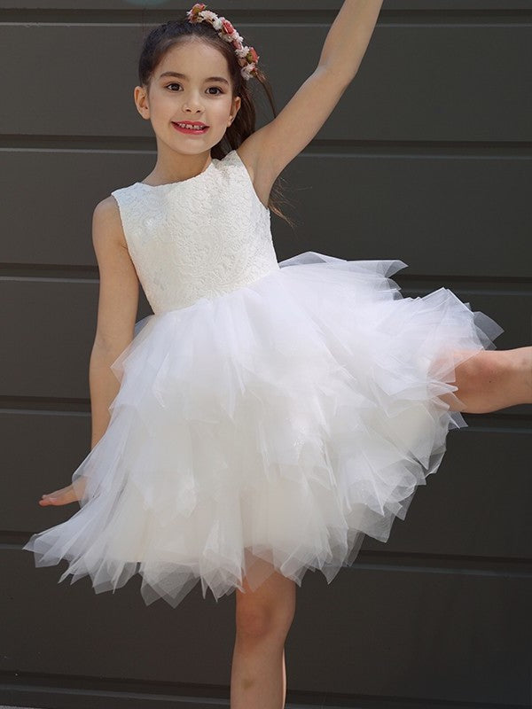 Lace A-Line/Princess Scoop Sleeveless Short/Mini Tulle Flower Girl Dresses