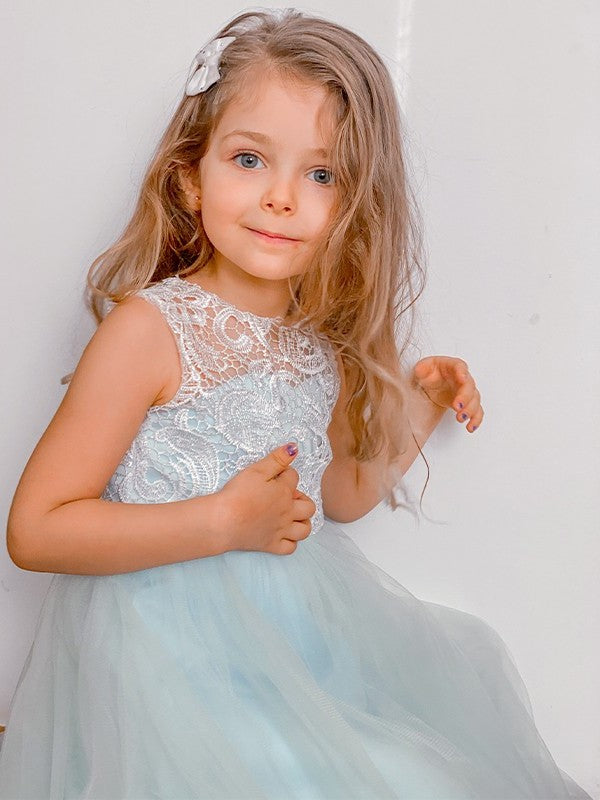 Tulle A-Line/Princess Ankle-Length Sleeveless Scoop Lace Flower Girl Dresses