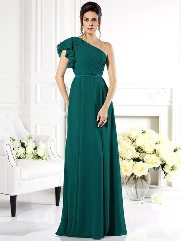 One-Shoulder Ruffles A-Line/Princess Long Sleeveless Chiffon Bridesmaid Dresses