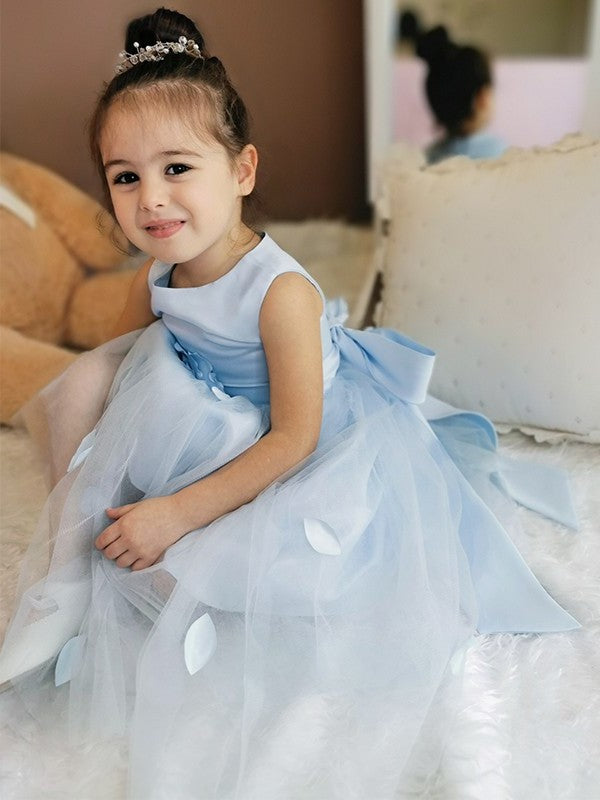 Flower Sleeveless Ankle-Length Tulle Hand-Made Scoop A-Line/Princess Flower Girl Dresses