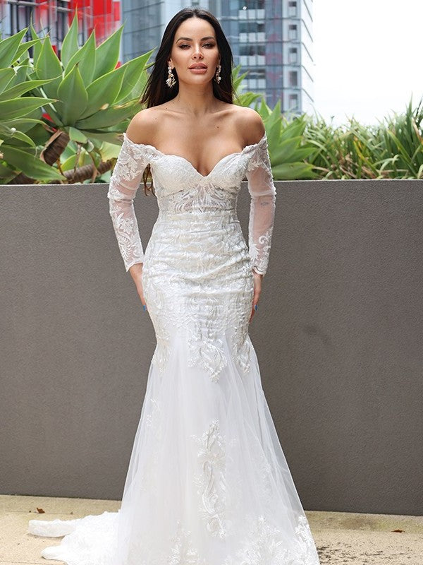 Trumpet/Mermaid Sweep/Brush Applique Tulle Long Off-the-Shoulder Sleeves Train Wedding Dresses