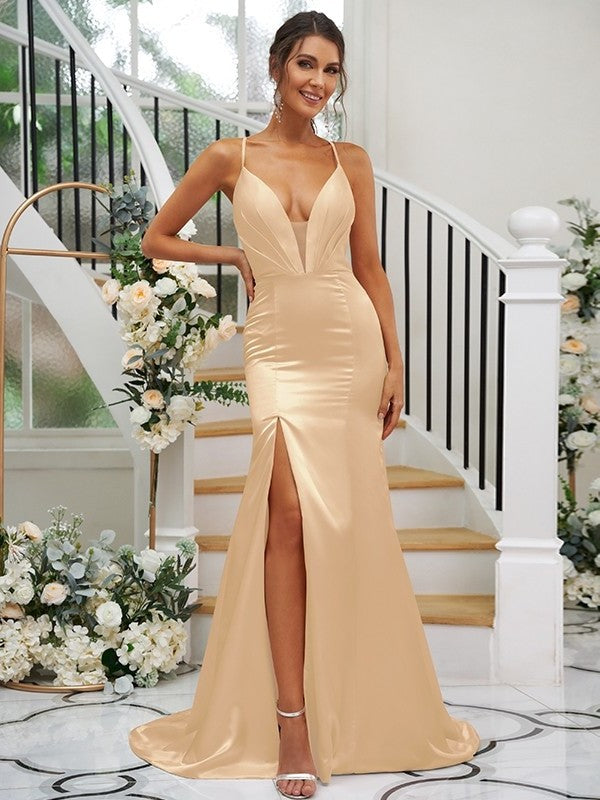 Ruched Sweep/Brush V-neck like Sheath/Column Satin Silk Sleeveless Train Bridesmaid Dresses