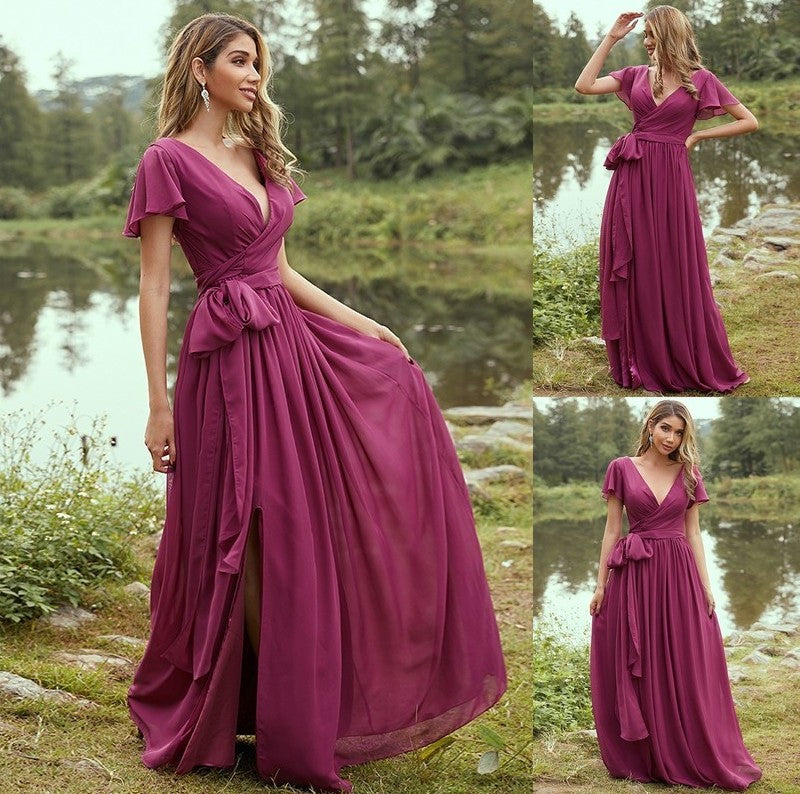 Sleeves Chiffon Ruffles Short A-Line/Princess V-neck Floor-Length Bridesmaid Dresses