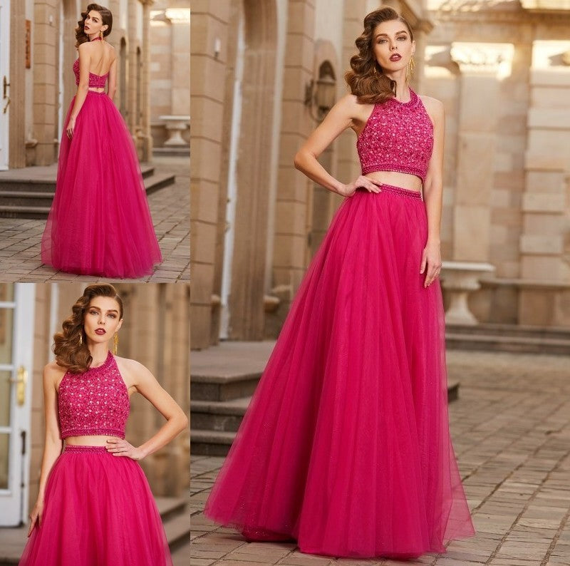 Floor-Length Halter Sleeveless Beading A-Line/Princess Tulle Two Piece Dresses