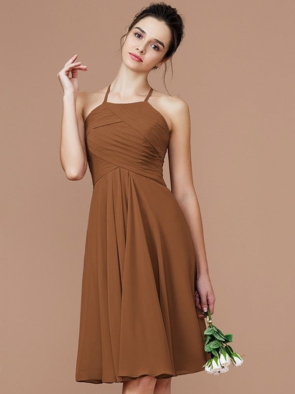 Short/Mini Sleeveless Halter Ruched A-Line/Princess Chiffon Bridesmaid Dresses