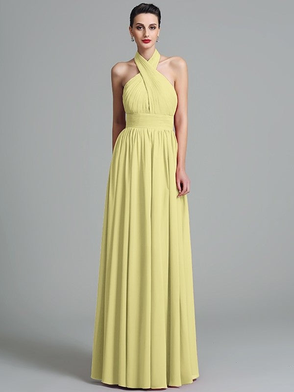 Sleeveless A-Line/Princess Long Halter Ruffles Chiffon Bridesmaid Dresses