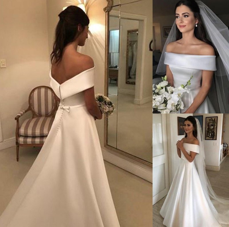 Sleeveless Sweep/Brush Ruffles Train A-Line/Princess Off-the-Shoulder Satin Wedding Dresses