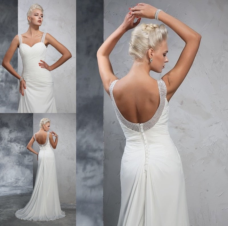 Trumpet/Mermaid Straps Sleeveless Ruched Long Chiffon Wedding Dresses