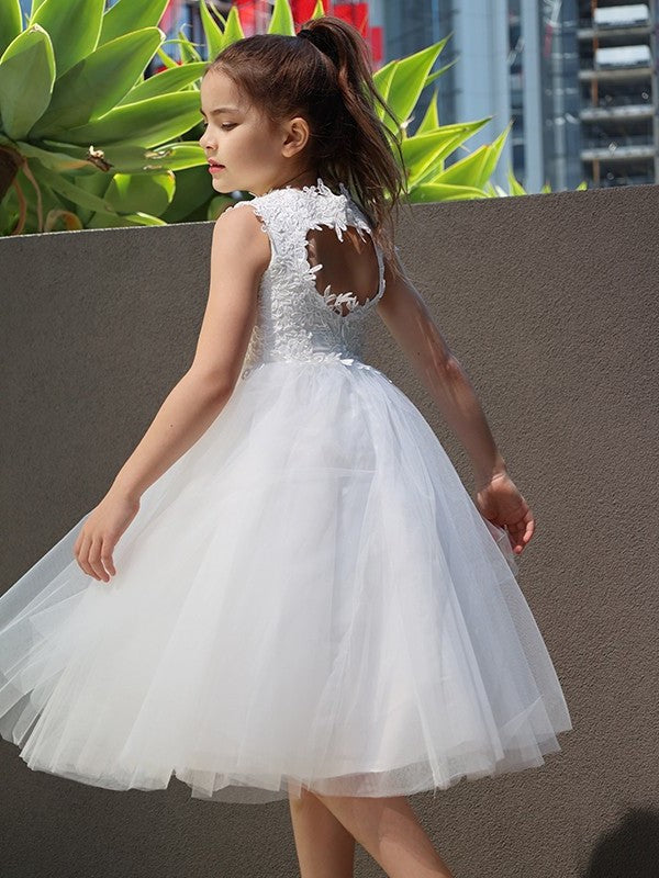 Knee-Length Tulle Lace Sleeveless Neck A-Line/Princess High Flower Girl Dresses