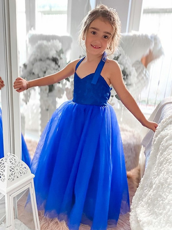 Sleeveless Tulle Halter Tea-Length A-Line/Princess Ruffles Flower Girl Dresses