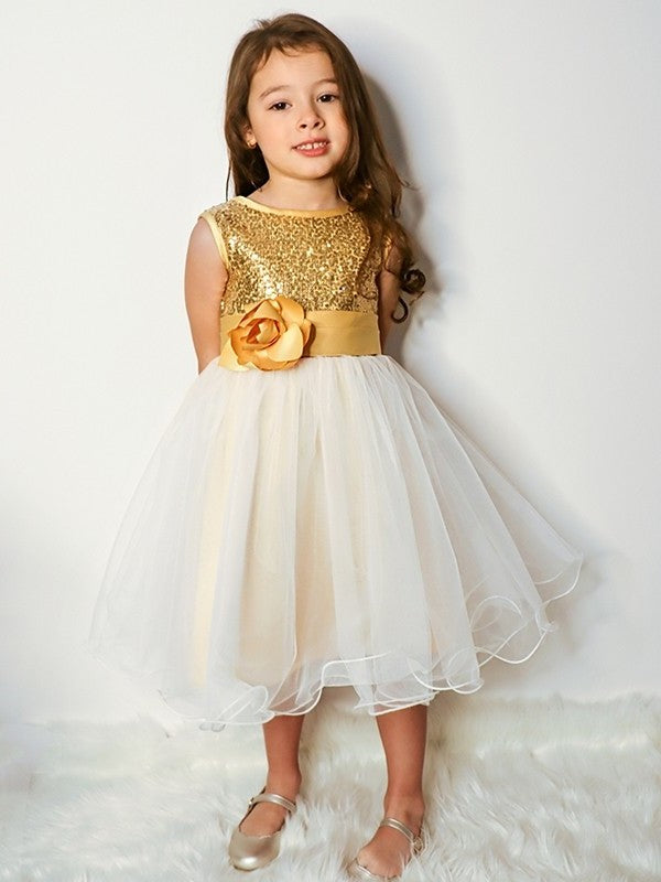 Organza A-Line/Princess Sleeveless Tea-Length Scoop Sequin Flower Girl Dresses