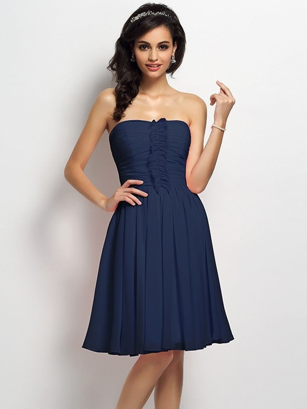 Sleeveless Pleats Strapless A-Line/Princess Short Chiffon Bridesmaid Dresses