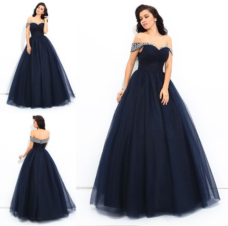 Beading Gown Off-the-Shoulder Sleeveless Long Ball Net Quinceanera Dresses