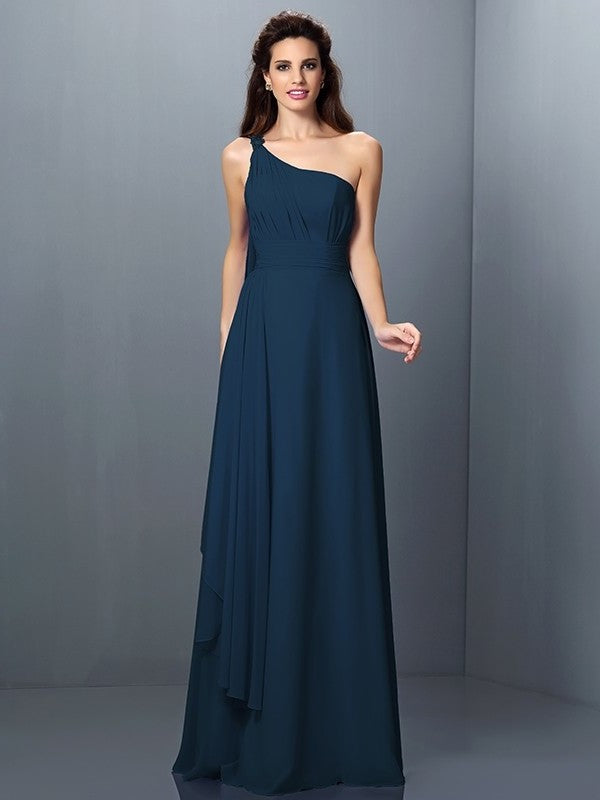 Pleats Sleeveless A-Line/Princess Long One-Shoulder Chiffon Bridesmaid Dresses