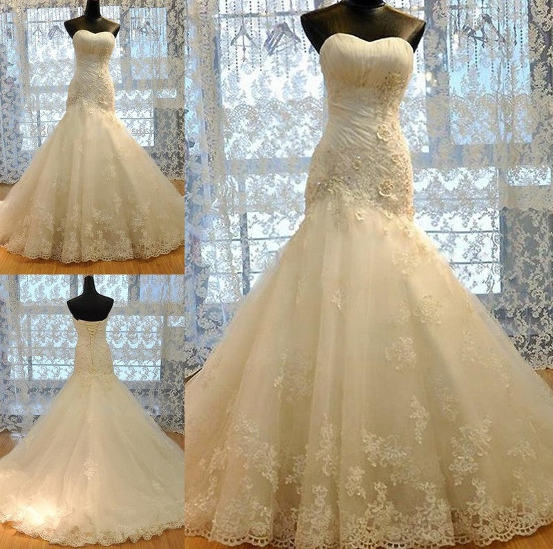 Trumpet/Mermaid Court Tulle Sleeveless Applique Sweetheart Train Wedding Dresses