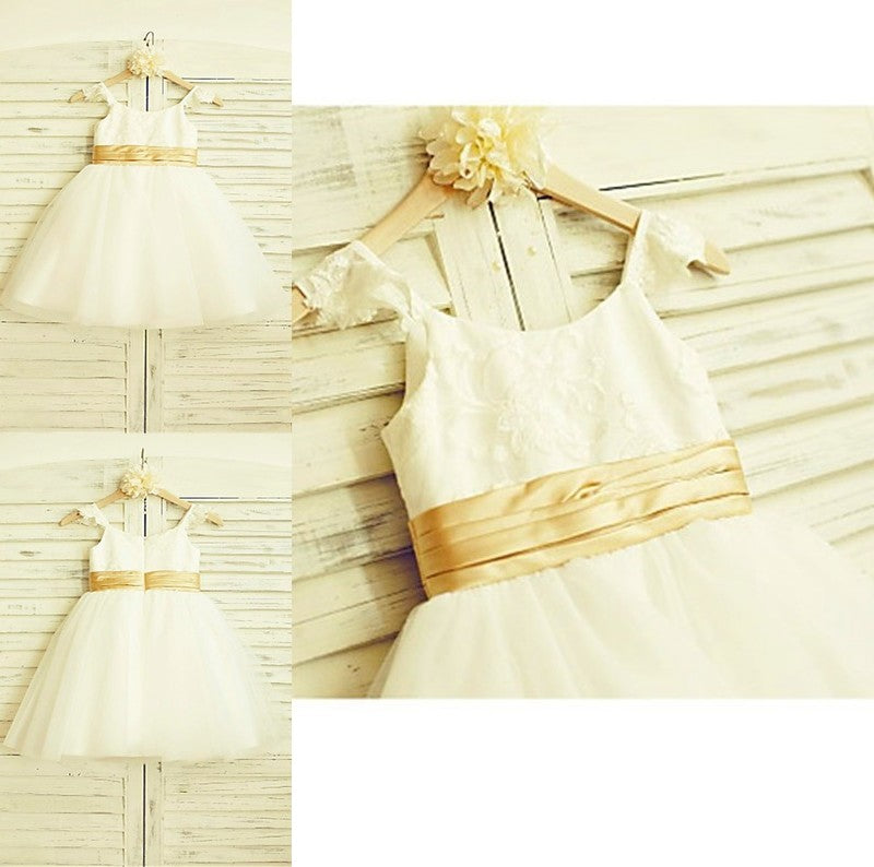 Straps A-line/Princess Tea-Length Spaghetti Tulle Sleeveless Lace Flower Girl Dresses