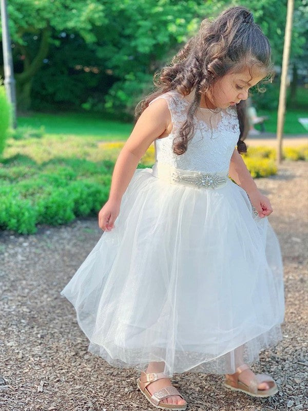 Scoop Tulle Tea-Length Sleeveless A-Line/Princess Lace Flower Girl Dresses