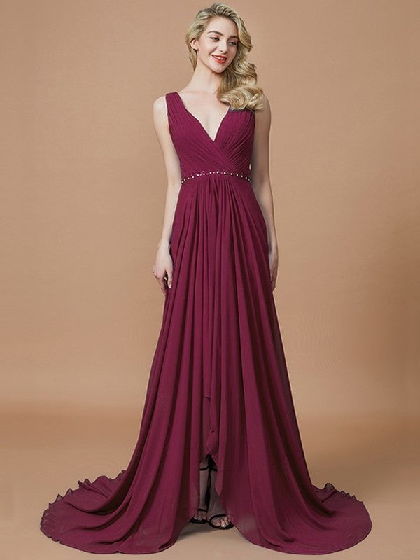 A-Line/Princess Chiffon Sweep/Brush Sleeveless V-neck Train Bridesmaid Dresses