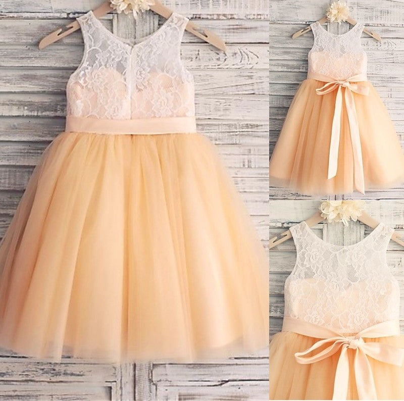 Tea-Length A-line/Princess Tulle Sash/Ribbon/Belt Sleeveless Scoop Flower Girl Dresses