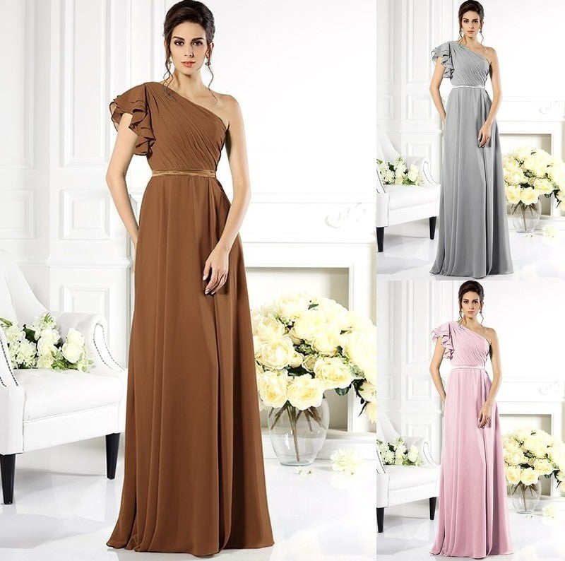 One-Shoulder Ruffles A-Line/Princess Long Sleeveless Chiffon Bridesmaid Dresses