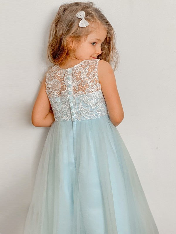 Tulle A-Line/Princess Ankle-Length Sleeveless Scoop Lace Flower Girl Dresses