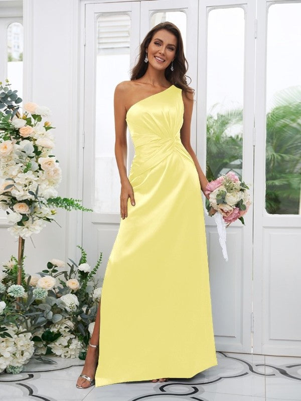 One-Shoulder Satin Sleeveless Sheath/Column Ruched Elastic Woven Floor-Length Bridesmaid Dresses