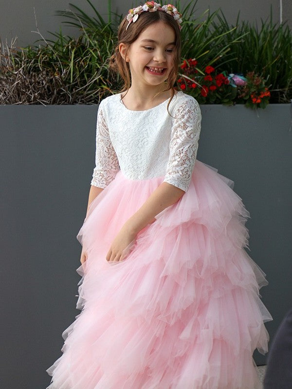 3/4 Sleeves A-Line/Princess Tulle Lace Ankle-Length Scoop Flower Girl Dresses