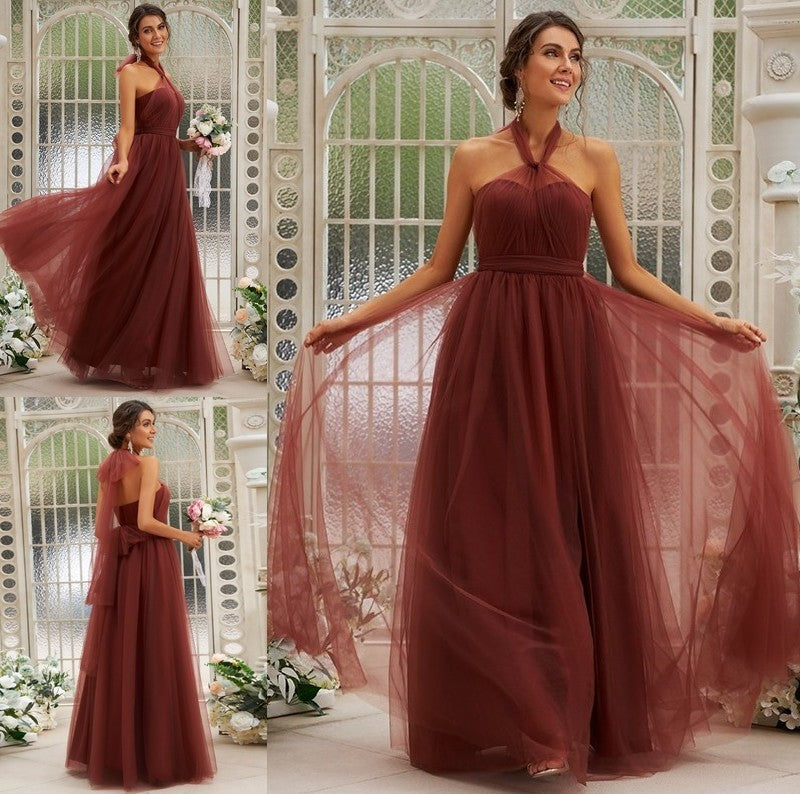 Sleeveless Halter Ruffles A-Line/Princess Tulle Floor-Length Bridesmaid Dresses