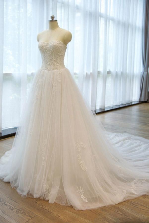 Ball Gown Strapless Lace Appliques A Line Chapel Train Wedding Dress with Beading PW297