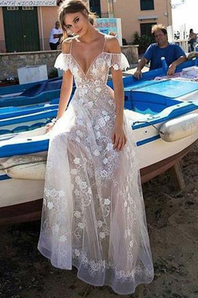 A-Line Unique White Spaghetti Straps Lace V-neck Long Off-the-Shoulder Wedding Dress