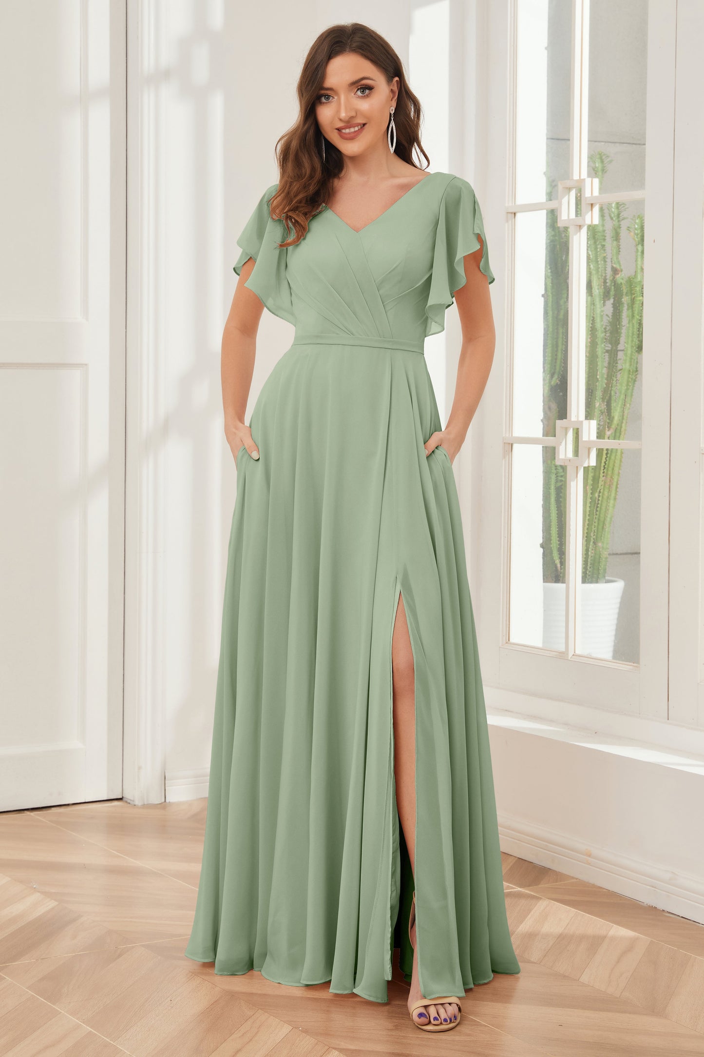 A-line V-neck Ruffle Sleeves Chiffon Bridesmaid Dresses