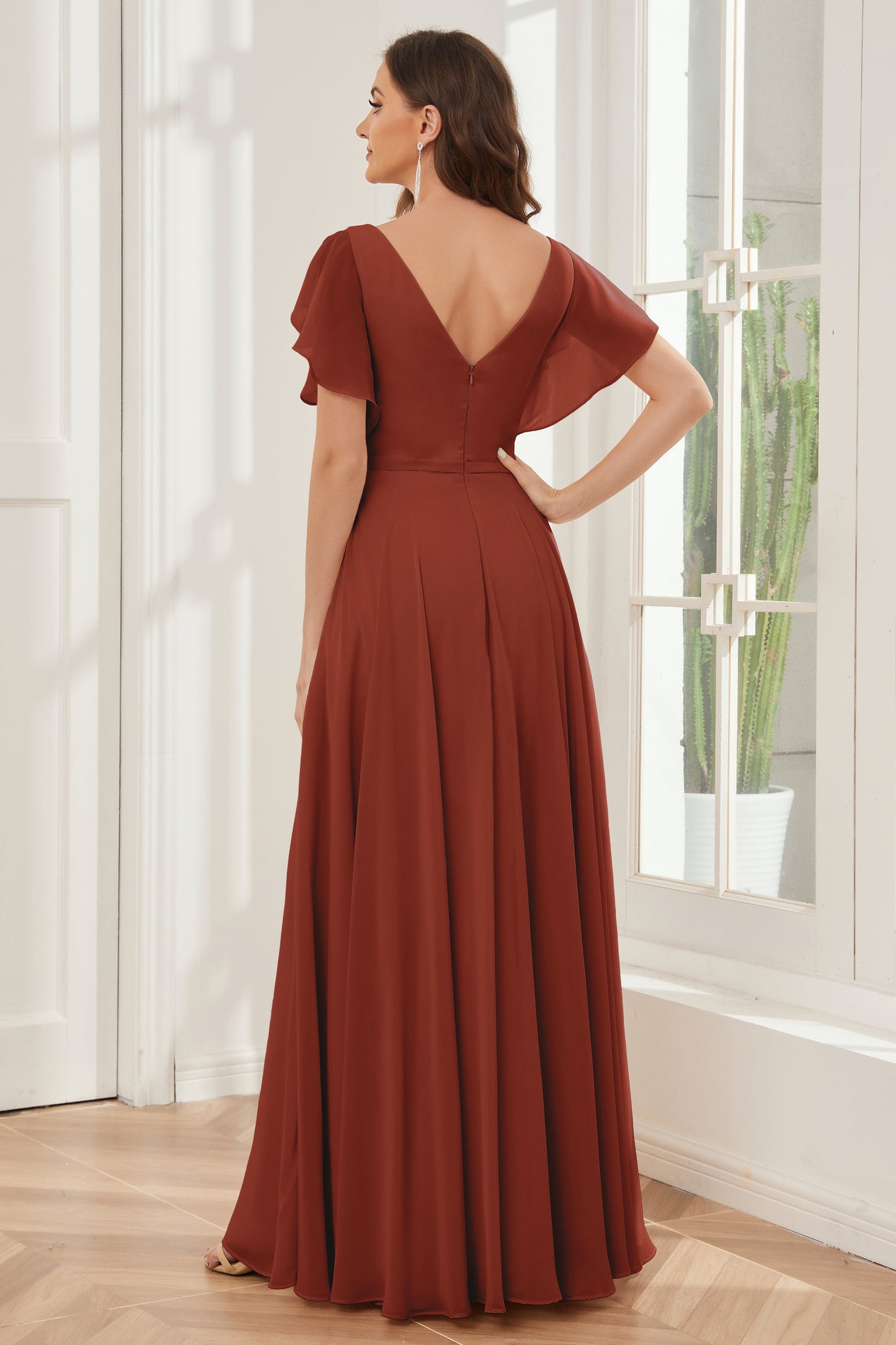 A-line V-neck Ruffle Sleeves Chiffon Bridesmaid Dresses