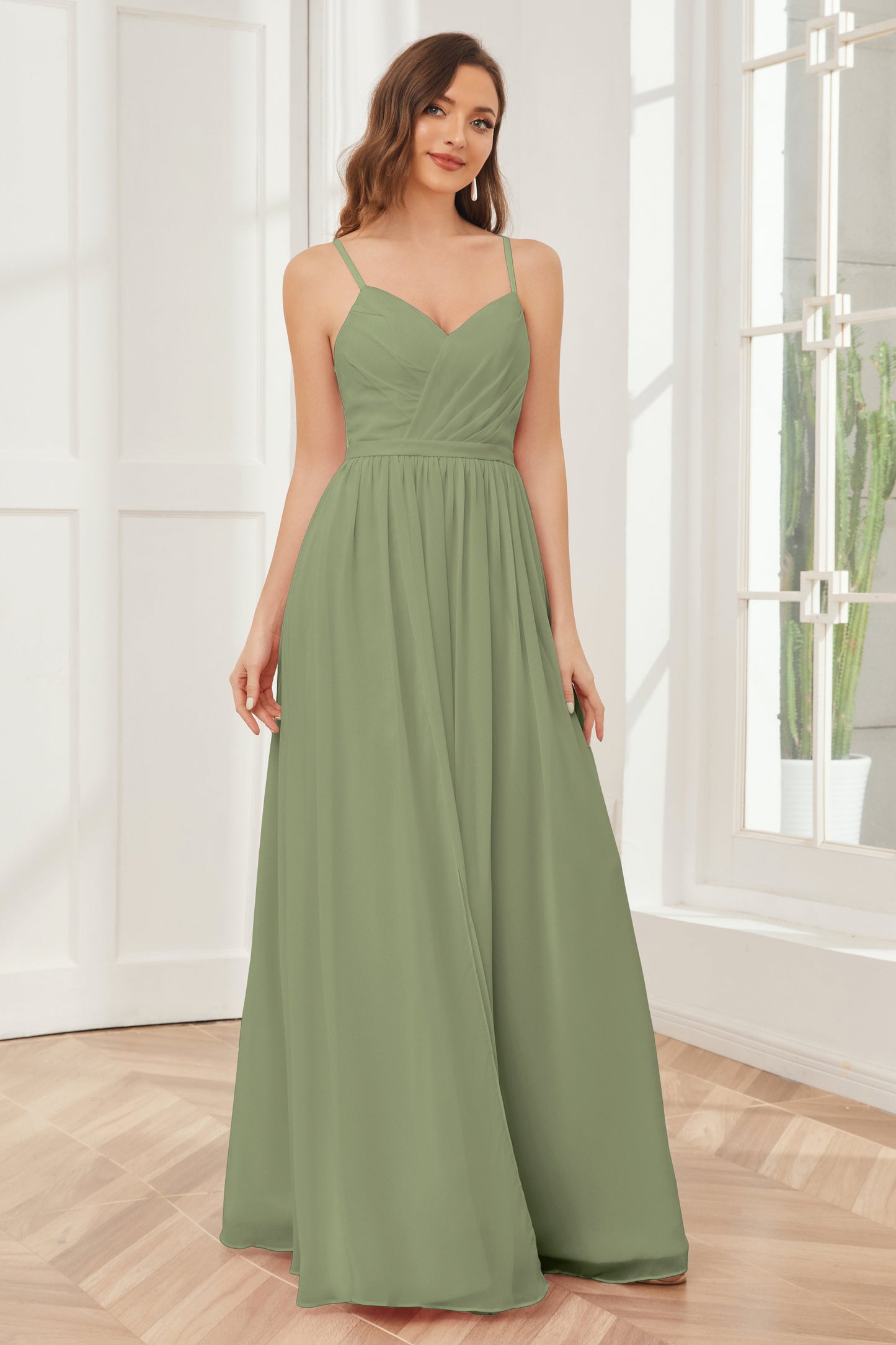 A-line Spaghetti Straps Chiffon Long Bridesmaid Dresses