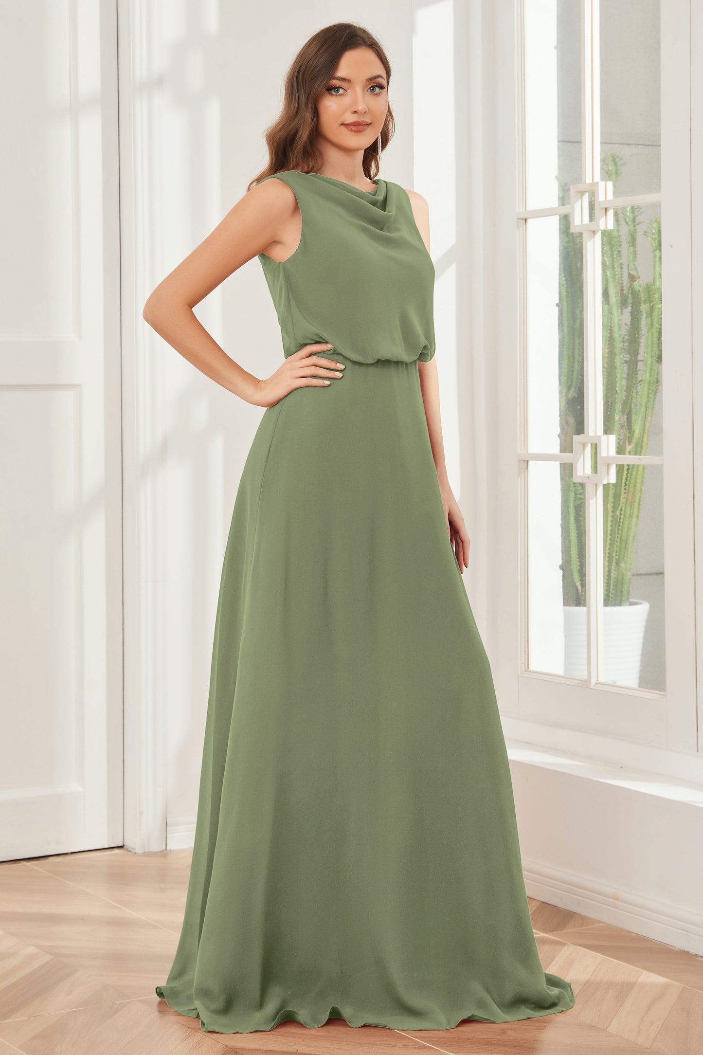 Column Cowl Neck Sleeveless Chiffon Bridesmaid Dresses