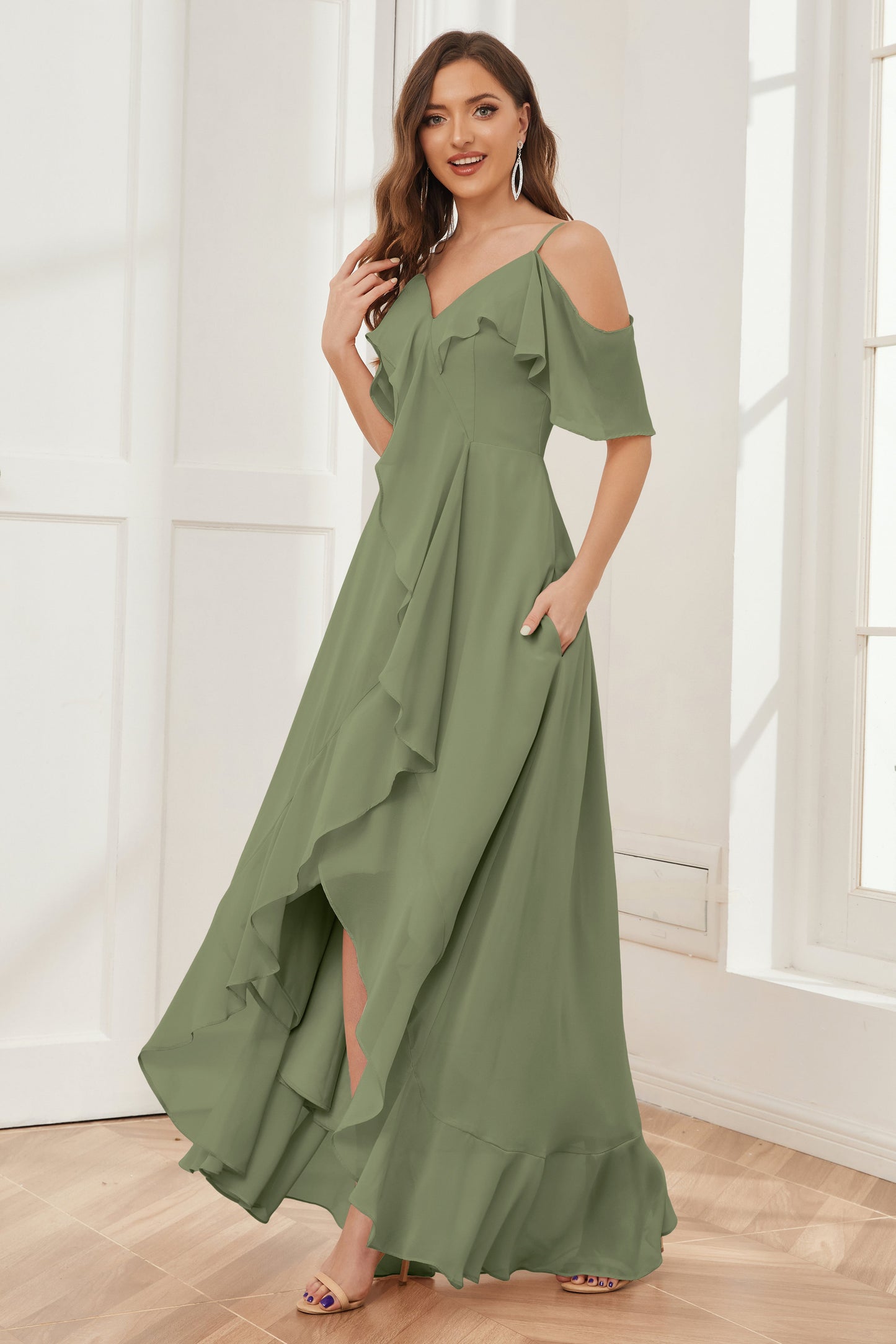 Off the Shoulder Ruffles High Low Bridesmaid Dresses