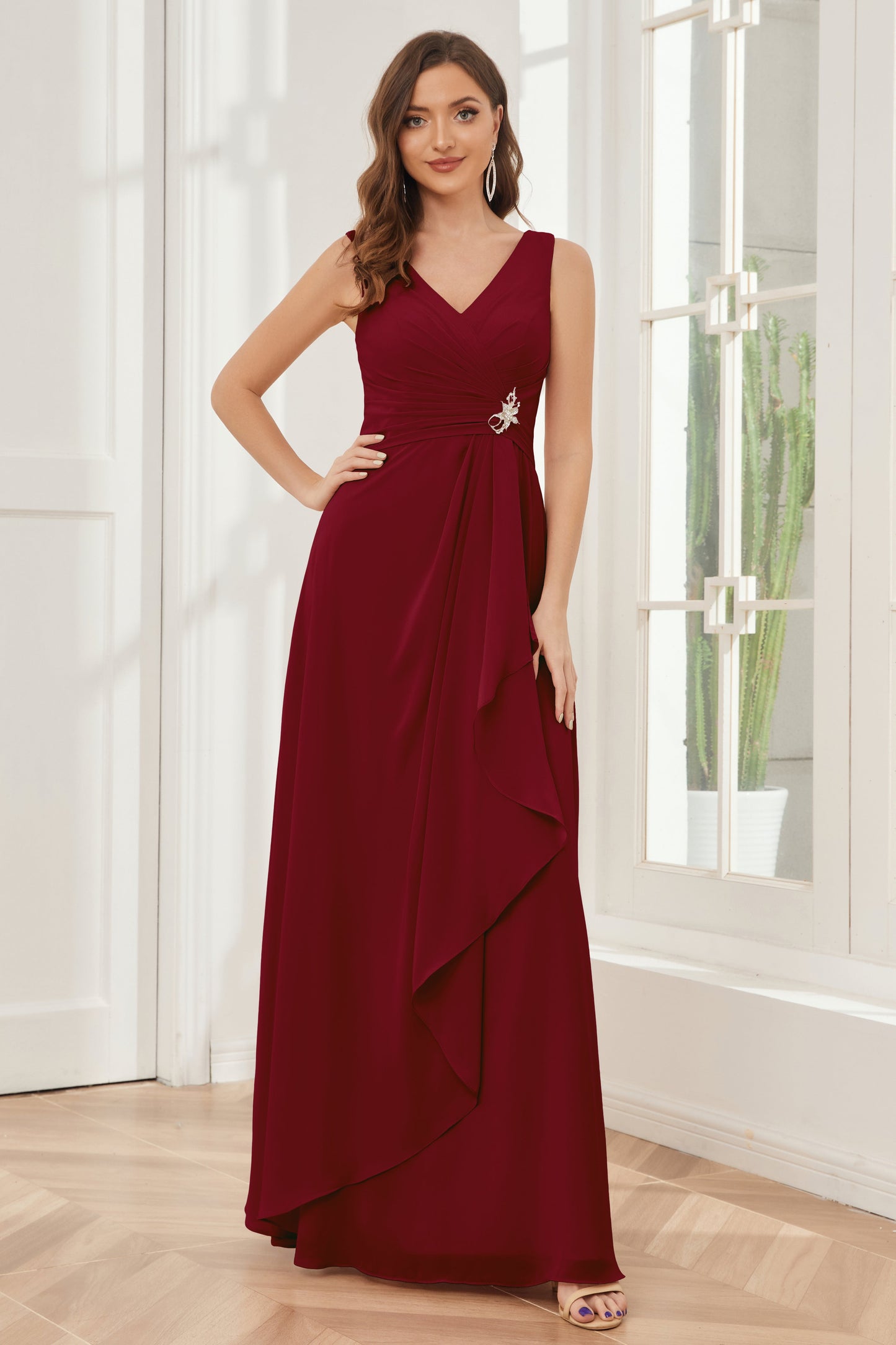 V-neck Pleats Ruffles Chiffon Bridesmaid Dresses