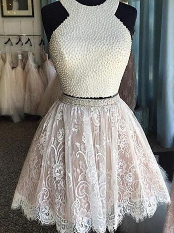 Angelique Lace Homecoming Dresses A-Line Princess Sleeveless Halter Pearls Short Two Piece