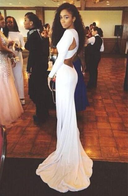 Open Back White Prom Dresses With Long Sleeves Tight Backless Royal Blue Prom Gown