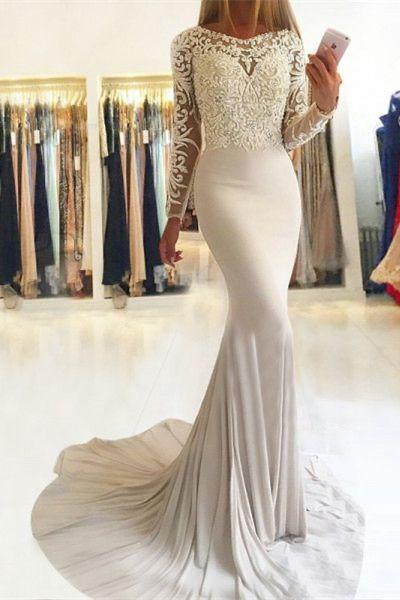 Elegant Mermaid Long Sleeve Scoop Lace Prom Dresses Long Evening Dresses JS746