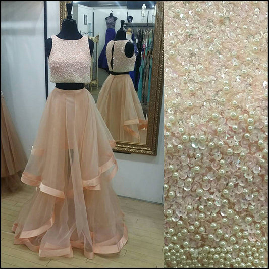 Pretty Two Pieces Beading Tulle Prom Dresses Beads Prom Gowns Cheap Prom Dress JS545