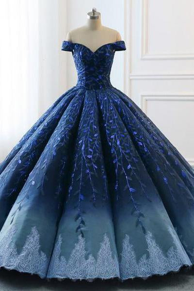 Ball Gown Navy Blue Lace Applique Ombre Off the Shoulder Princess Quinceanera Dresse JS269