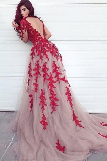 Red Appliques Lace Tulle Evening Dresses Long Sleeves